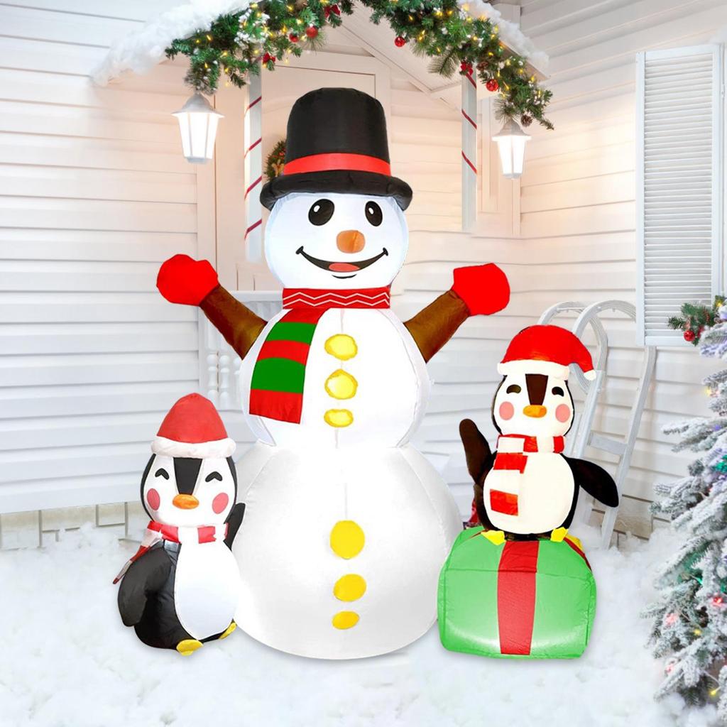 Christmas Inflatable Snowman with Two Cute Penguins Luminous Toy Ornament Large Snow Man Xmas