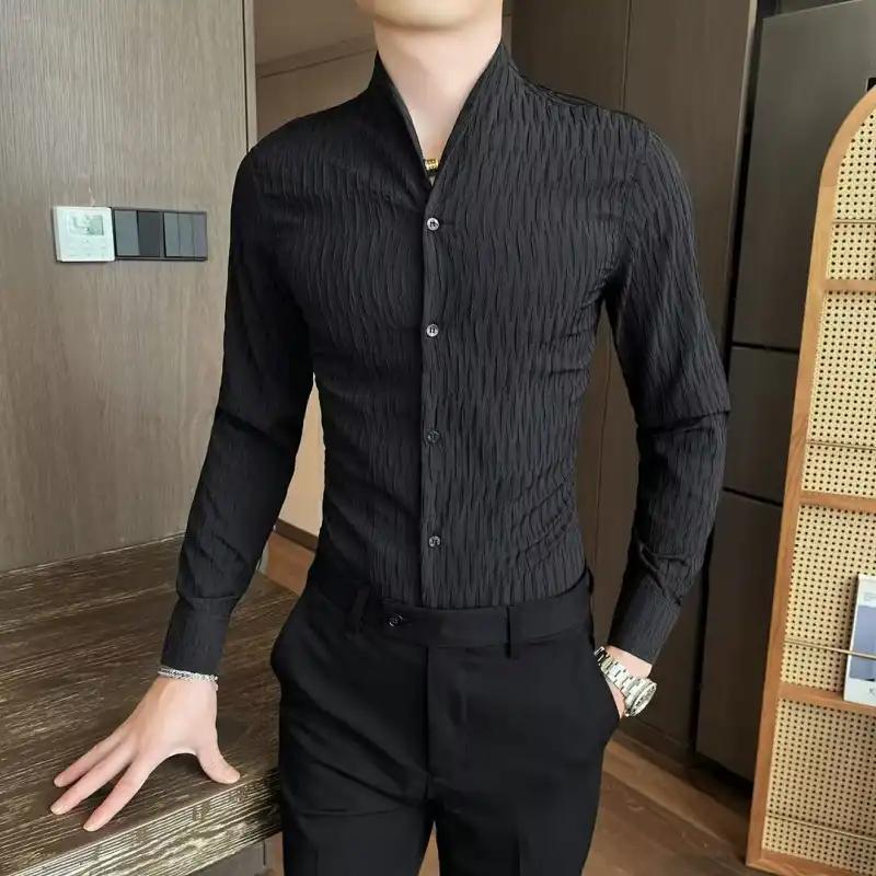 

Men s Slim Fit Mandarin Collar Long Sleeve Shirt Textured Fabric Casual Business Shirt XXXL чорний
