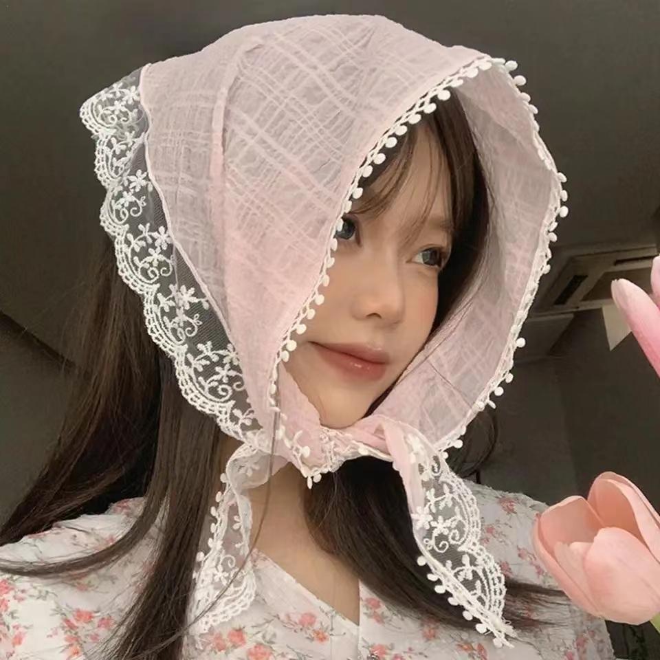 French Lace Triangle Scarf Summer Sweet Girls Silk Scarf Vintage Scarf For Muslim Women Chiffon Hijab Hair Accessories For Women