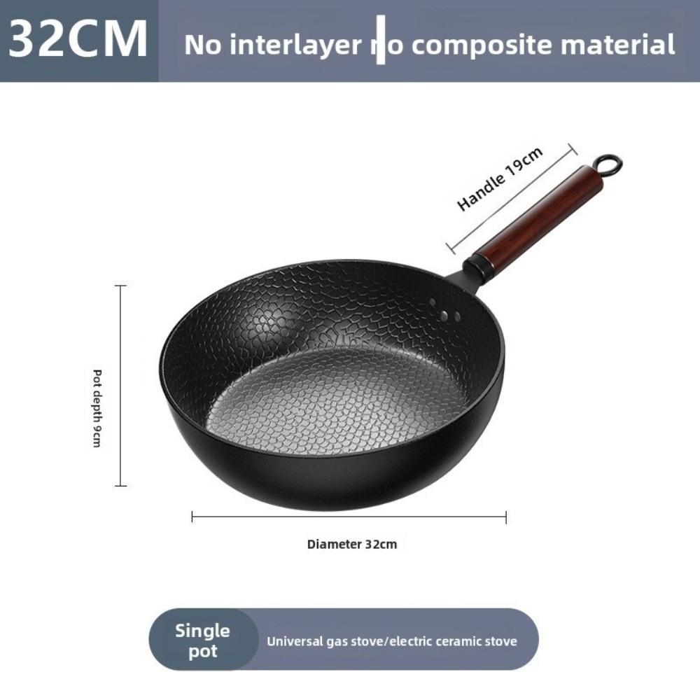 Wok z tepaného železa s dřevěnou rukojetí Ručně kovaný Pánev Odolná Litinová pánev Nádobí
