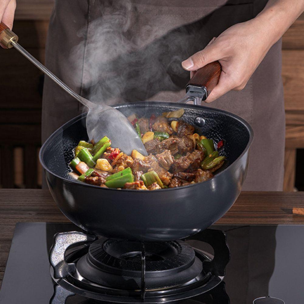 Refined Iron Stir Fry Pot Wood Handle Nonstick Pan Cookware Square Frying Pan  Chef