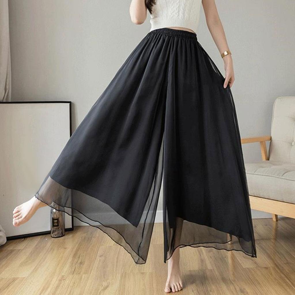 Women's Chiffon Wide Leg Pants Temperament Silky Chiffon Lined Wide Leg Skirt Pants