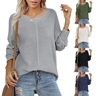 Womens Long Sleeve Round Neck Solid Color Sweater Casual Loose Knit Pullover Jumper