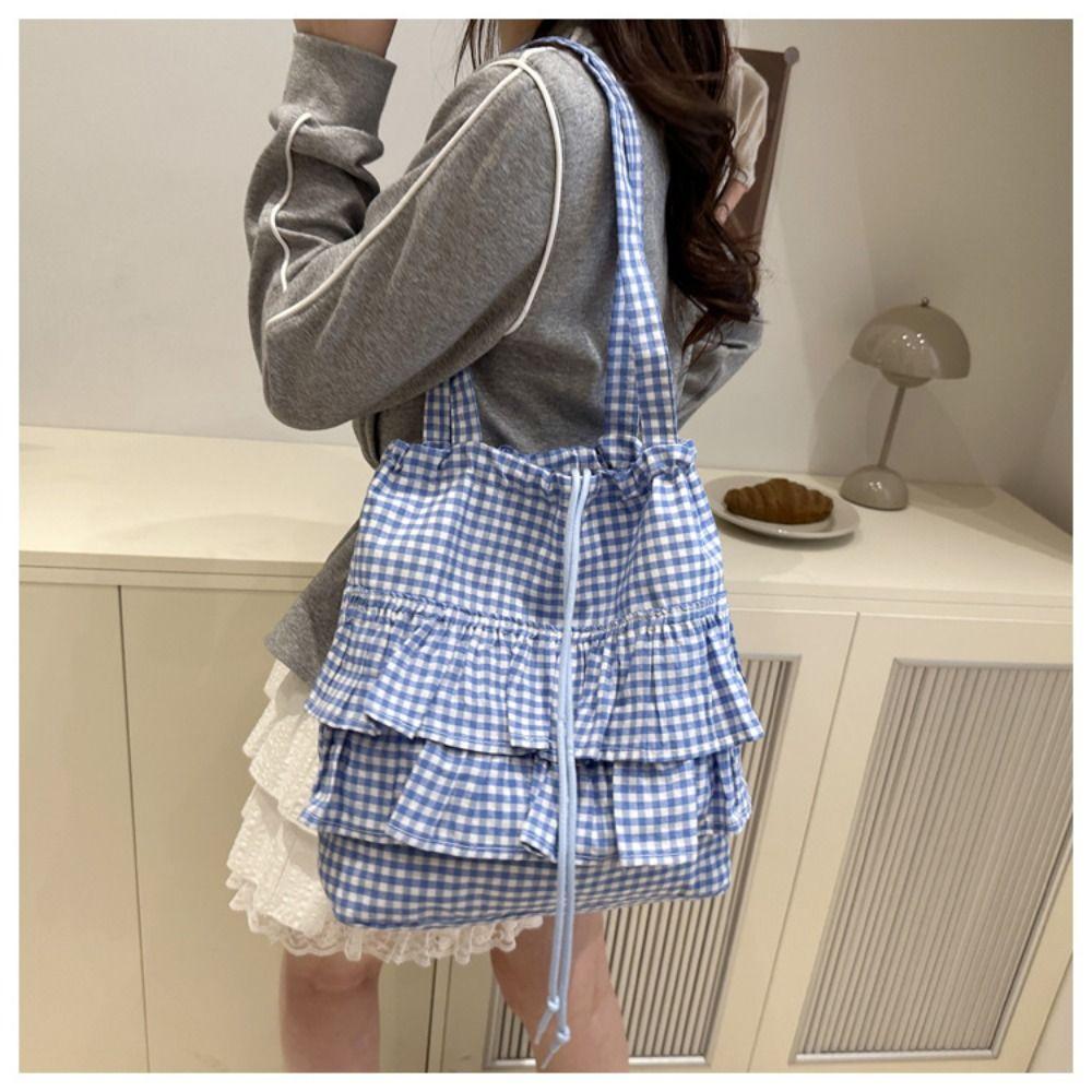 Korean Style Lotus Leaf Shoulder Bag Fashion Plaid Tote Bag Vintage Drawstring Bag  Storage Bag