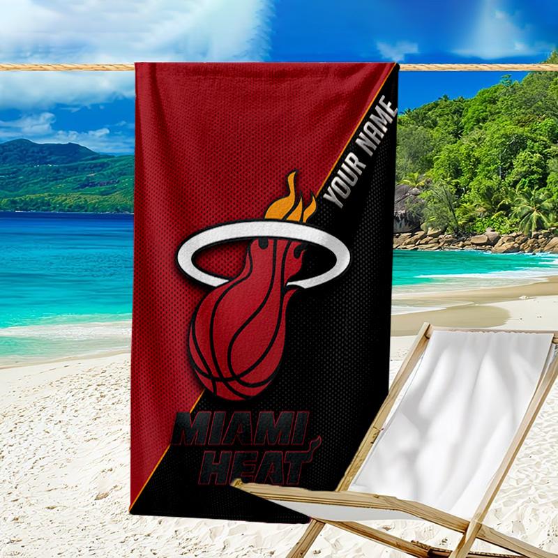 Custom Name Beach Towel Miami-Heat Basketball Art Beach Towel, Soft Microfiber, Gift for Her/Him, Birthday, for Pool, Beach, Travel, Fan gifts