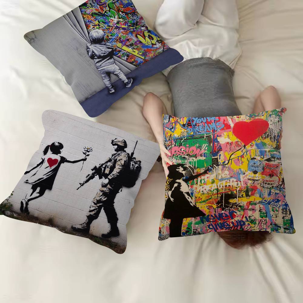 Banksy Street Graffiti Art Pillow Cover Soft Decor Throw Pillow Case 45x45cm Couch Home Decor for Living Room Sofa Party Gift