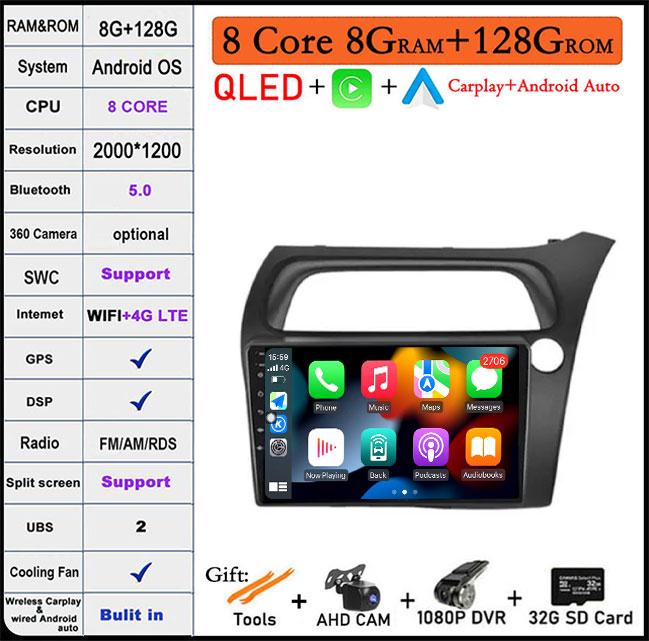 9 Lnch Android 14 For Honda Civic Hatchback 2006-2011 Car Radio Player Video Multimedia Carplay IPS DPS Navigation DSP Screen