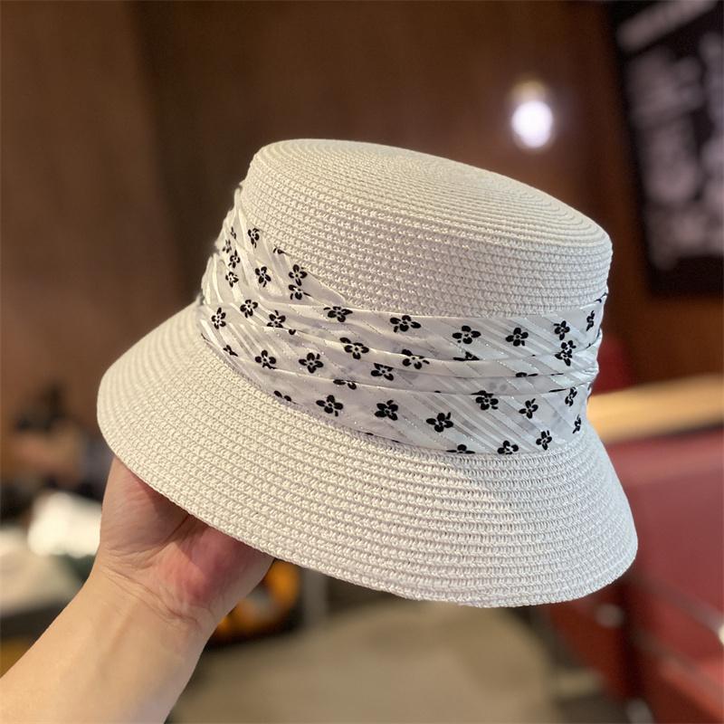Hat women's summer straw fashion versatile bucket hat elegant flat top straw hat sunshade sunscreen basin hat