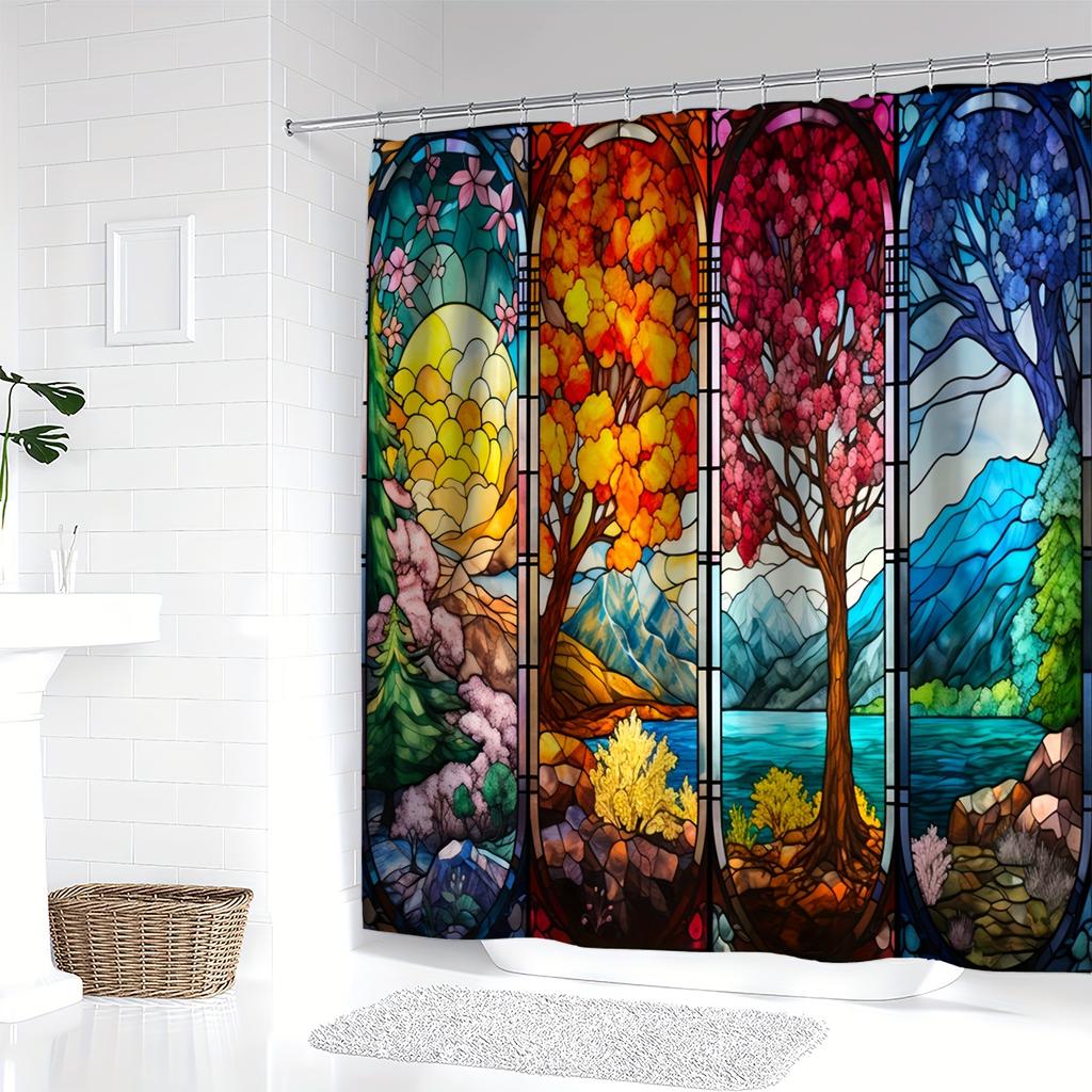 Spring, Summer, Autumn, Winter Four Seasons Tree Colorful Glass Window Pattern Digital Print Shower Curtain, Bathroom Home Decor