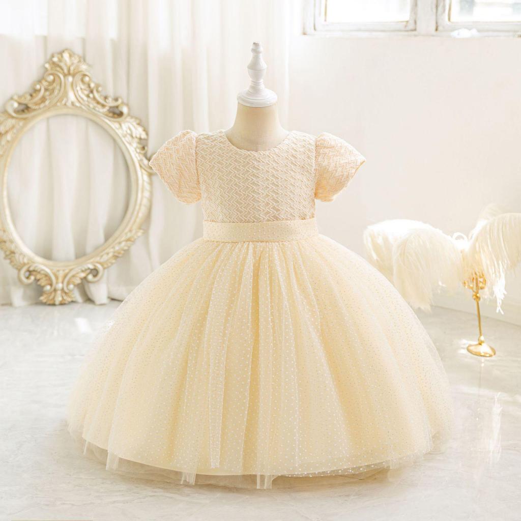Sequin Puffy Princess Dress for Girls - Evening & Catwalk Performance Attire with Bubble Sleeves