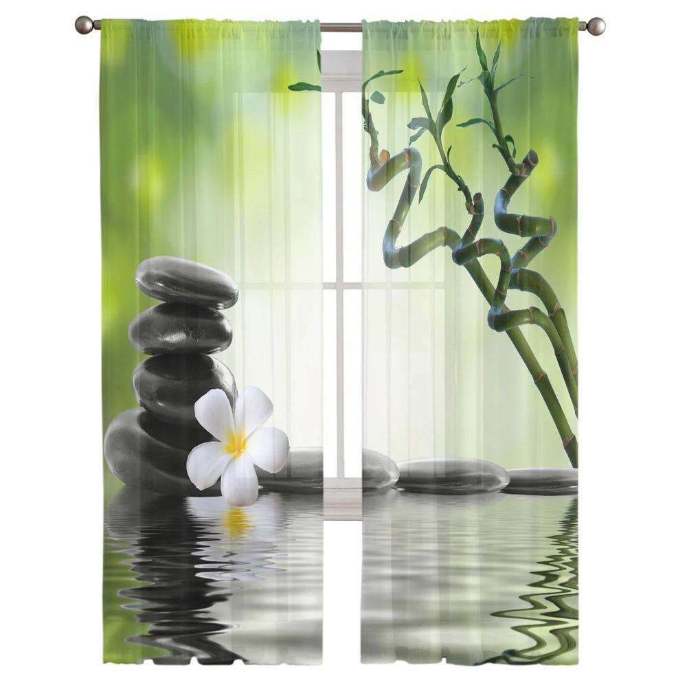 Orchideensteine Bambus Zen Tüllvorhänge für Wohnzimmer Schlafzimmer Dekoration Modern Chiffon Transparent Voile Küchenfenstervorhang