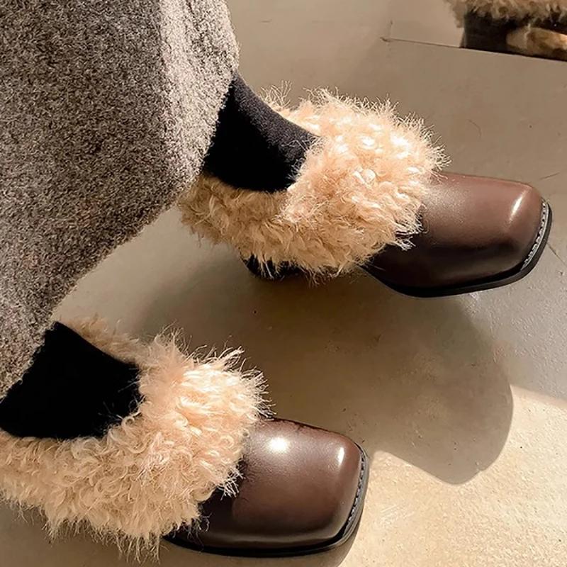 Designer Fluffy Mary Jane Shoes Fashion Shallow Slip On Shoes Winter Warm Square Toe Thick Heel Shoes