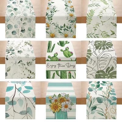 Tovaglia da tavolo con bandiera stampata in lino, motivo: pianta verde, serie di margherite, decorazione per la casa