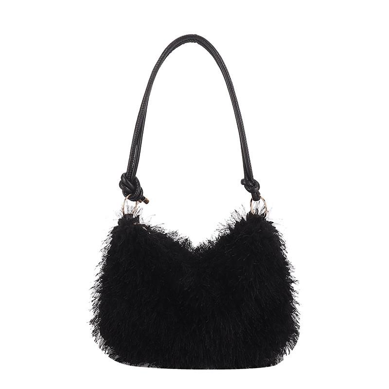 Chic Vintage Plush Handbag For Women Stylish Simple Shoulder Bag In Black White Pink