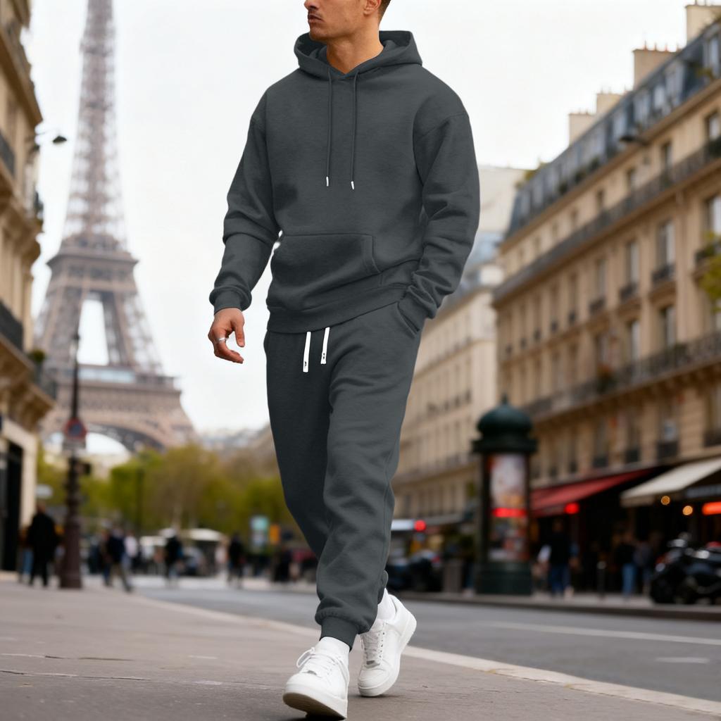 Men's Casual Sports Suit, Solid Color Hooded Sweatshirt, Waist Cinching Pants, Long Sleeved Pants, Comfortable And Warm Suit