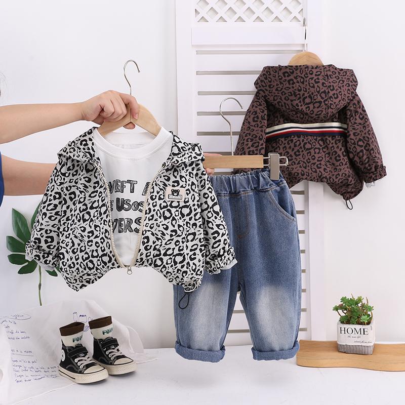 Boys' Long Sleeved 3-piece Set, Children's Leopard Print Hooded Jacket+round Neck White Top+casual Denim Pants