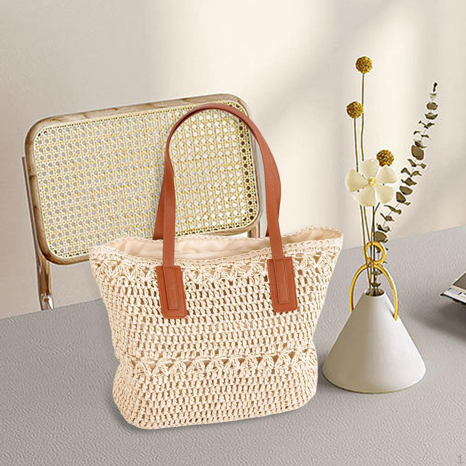 Casual Straw Woven Handbag Boho Top Handle Satchel Handmade Wallet Shoulder Bags Purse Ladies Girls beige
