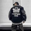 Mens Oversized Streetwear Baseball Jacket With Contrast Color Panels Embroidered Ghost Motif PU Leather Trim