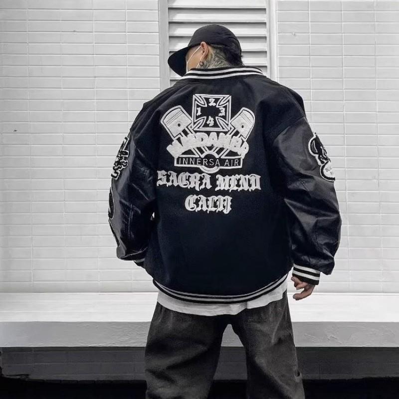 Mens Oversized Streetwear Baseball Jacket With Contrast Color Panels Embroidered Ghost Motif PU Leather Trim