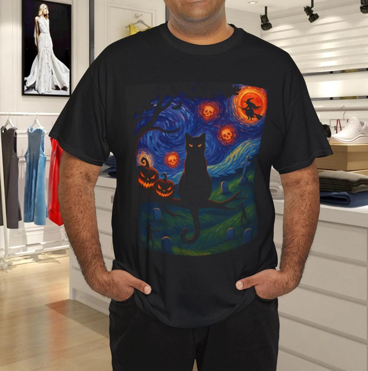 Pumpkin Witch Skeleton And Black Cat Starry Night Cat Halloween Costume T-Shirt 4XL