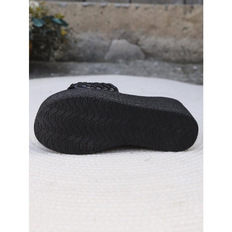 Women's Woven Single Strap Platform Sandals, Plus Size Chunky Heel Beach Slides