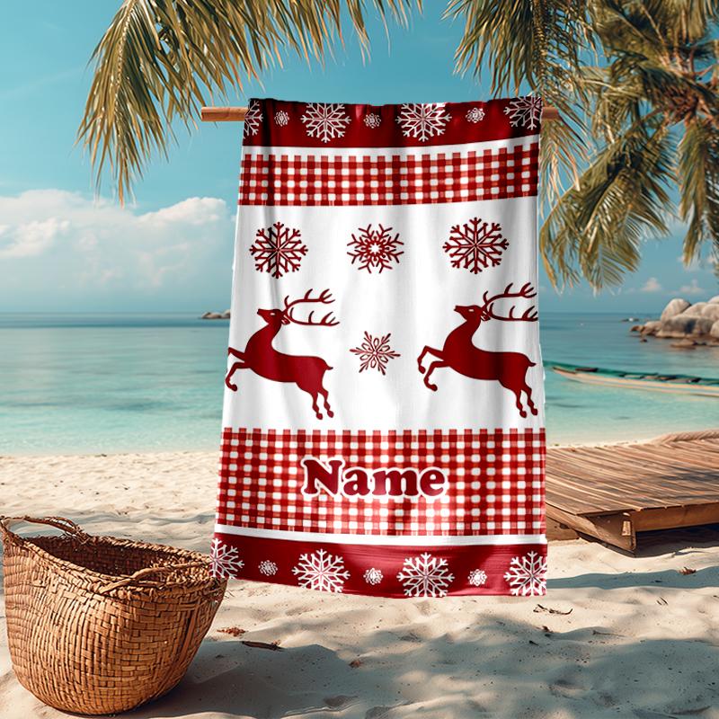 Custom Name Ultra-Soft Beach Towel with Christmas reindeer Theme,Ideal for Pool - Camping, Diving - Perfect Travel Essential, Vibrant Beach Towel.
