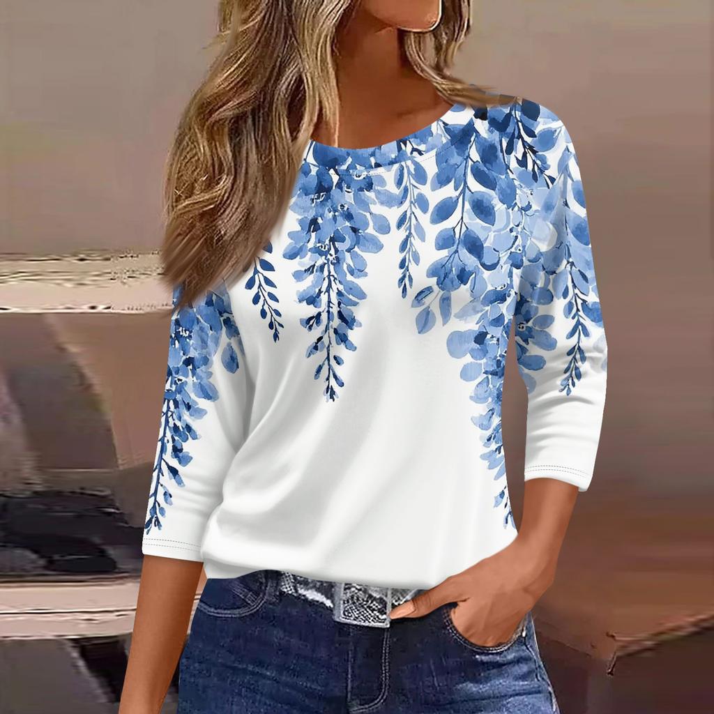 Women's Three-Quarter Sleeve Shirt, Round Neck, Loose Fit, Casual Shirt, Floral Print T-Shirt, Summer