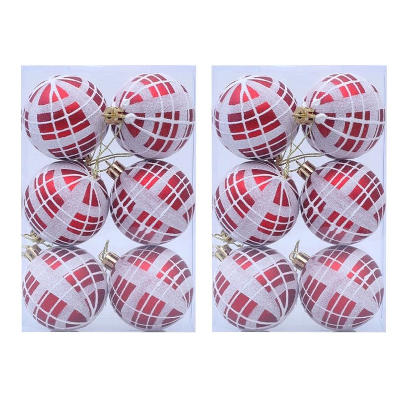 2 Boxes Christmas Tree Decorations Tartan Pattern Plastic Hanging Ball Festival Home Holiday Party Decorative Accent