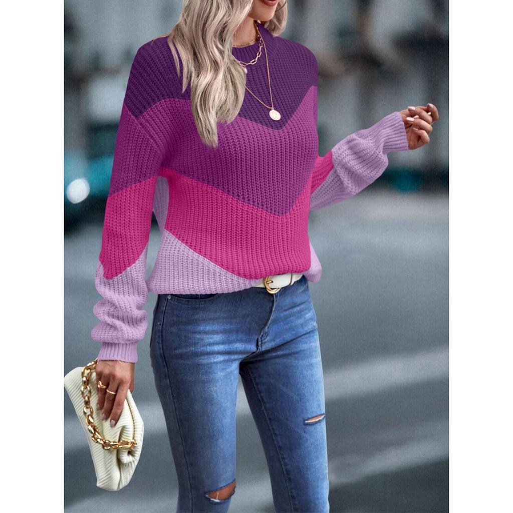 Color Block Rundhalspullover, Eleganter Langarmpullover für Herbst & Winter, Damenbekleidung