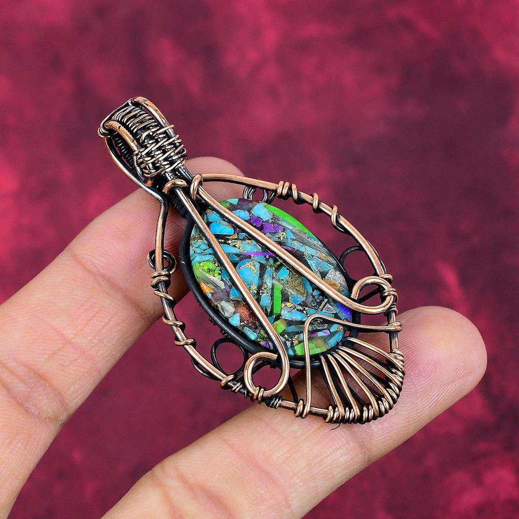 Tree Of Life Fiesta Kingman Turquoise Pendant Copper Wire Wrapped Jewelry