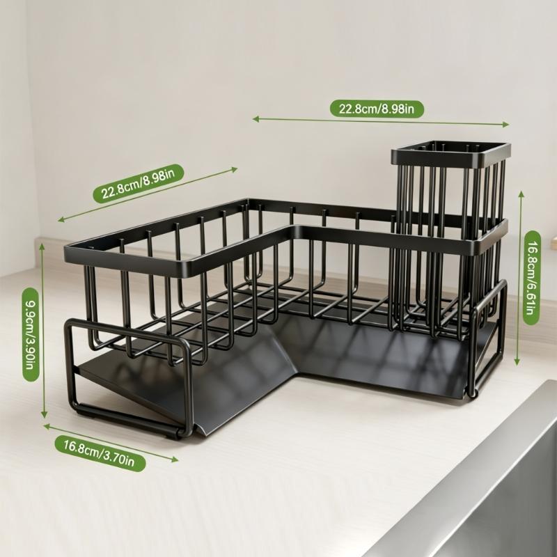 Carbon Steel Kitchen Sink Rack with Separate Storage Sections, a Water-Catching Bottom Tray and Freestanding Placement for Cleaning Supplies