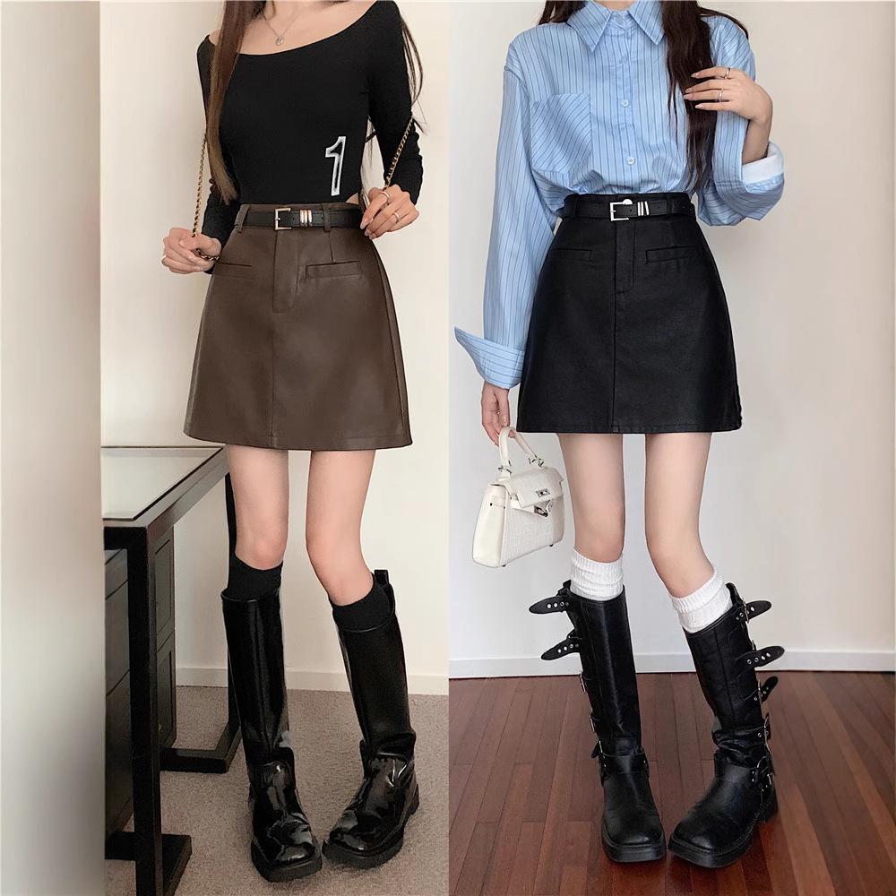 

High-Waisted PU Leather A-Line Skirt for Women - Plus Size, Slimming, Belly-Covering, Hip-Hugging, Autumn/Winter Style 5XL [suggest 175-200 kg]