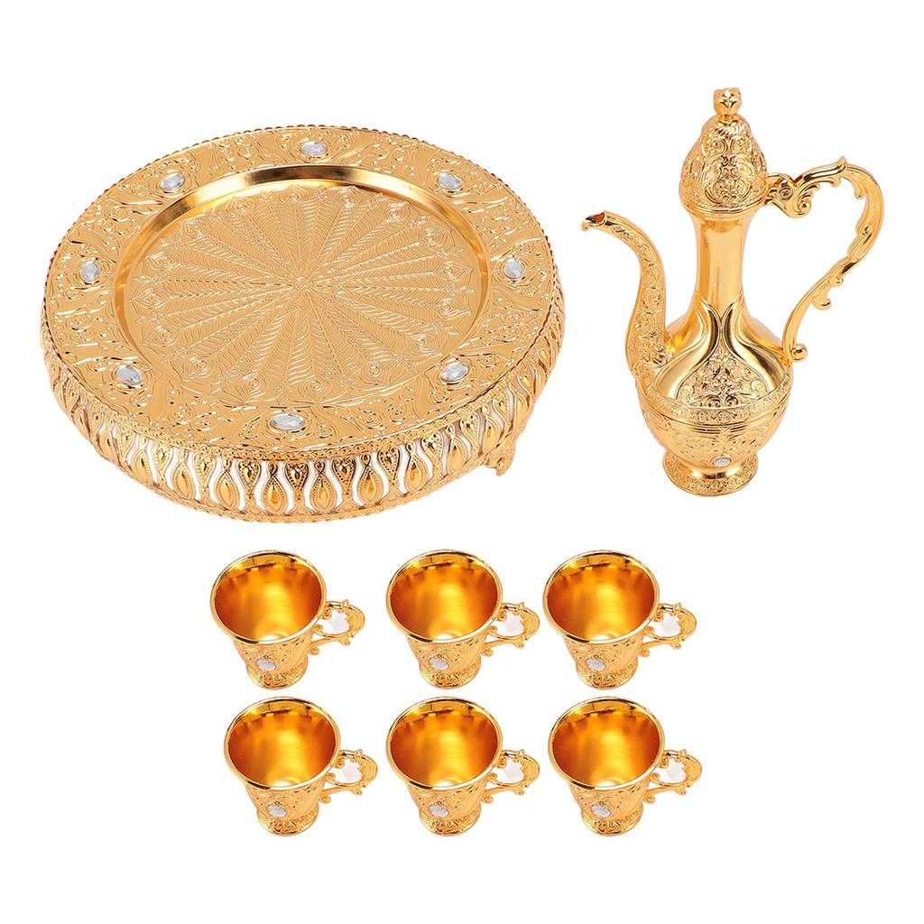 Vintage Wine Pot Set European Retro Coffee Pot Tray Kit Decorative Zinc Alloy Exquisite Carving Wine Cups for Home Party Dinner