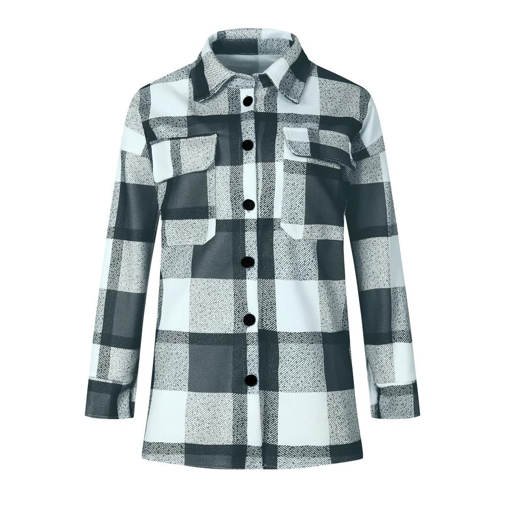 Women's Brushed Plaid Shirts Long Sleeve Flannel Lapel Button Down Pocketed Shacket Jacket Coats