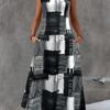 Summer Women's Geometric Print Maxi Dress Sleeveless Crew Neck Pocket Casual A-Line Long Sundress Vintage Loose Beach Vacation Dress