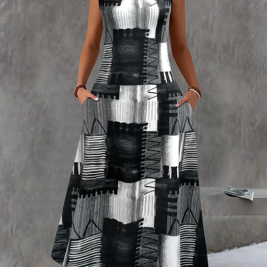 Summer Women's Geometric Print Maxi Dress Sleeveless Crew Neck Pocket Casual A-Line Long Sundress Vintage Loose Beach Vacation Dress