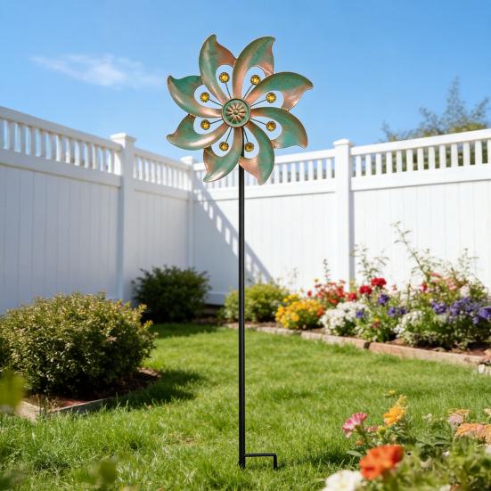 Metal Flower Wind Spinner Garden Kinetic Wind Sculpture Outdoor Retro Wind Spinner with Stake for Yard Lawn