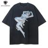 Punk Cool Robot Graphic Print T-shirt for Men Y2K Washed Black Short-sleeve Tops Trend Oversized Round Neck Men and Women Tshirt 240808