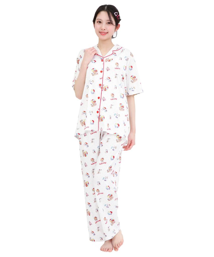 Peach Side Hello Kitty Shirt Short Long Top and Bottom Room Wear [SAZAC] Pajamas, 100% Cotton, Broadcloth, Women's, Sleeves, Pants, Set, Loungewear,