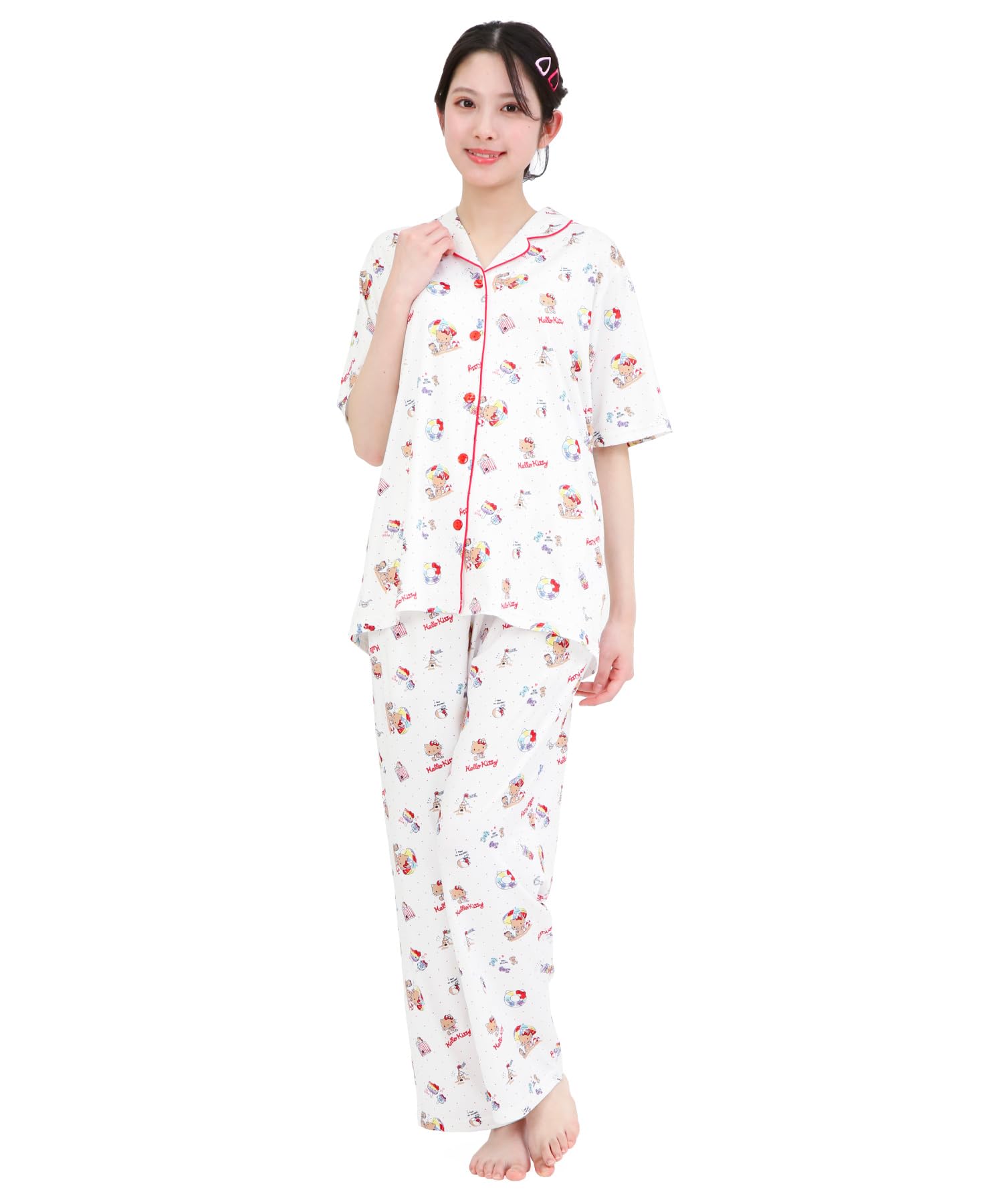 

Персиковая футболка Hello Kitty сбоку, короткий длинный верх и низ, домашняя одежда [SAZAC], пижама, 100% хлопок, поплин, женская, рукава, брюки, комплект, домашняя одежда, белый