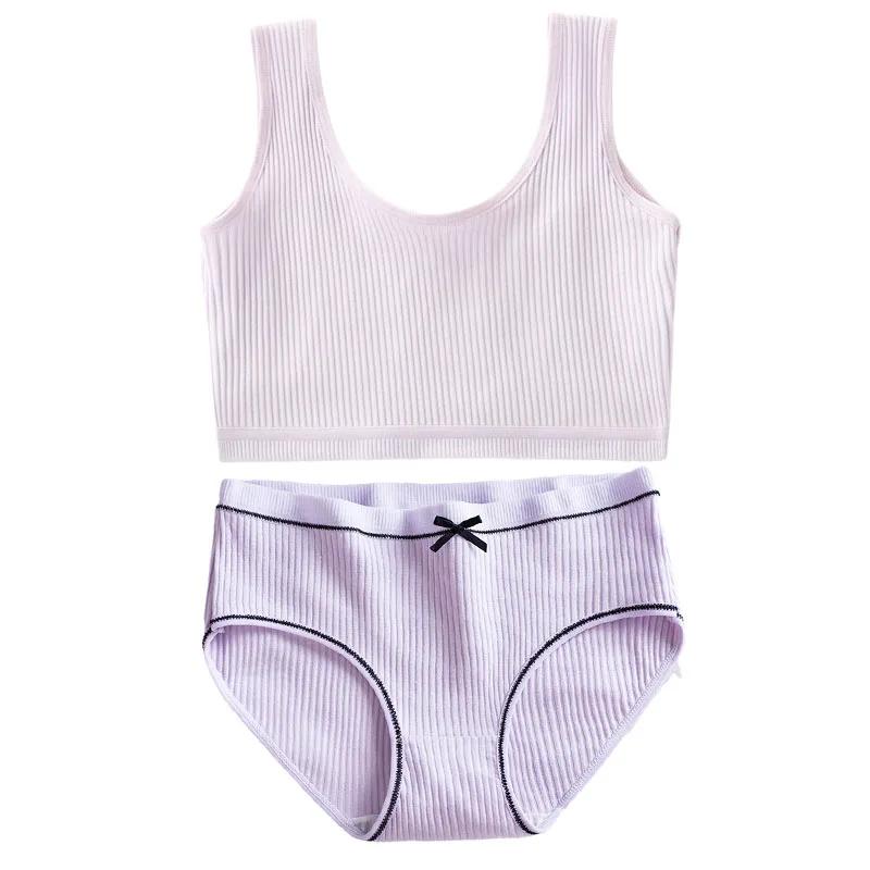 

Хлопковые трусики и бюстгальтеры для девочек-подростков, хлопковый тренировочный бюстгальтер и трусики для девочек-подростков, однотонный детский спортивный бюстгальтер, трусы, нижнее белье one size фиолетовый