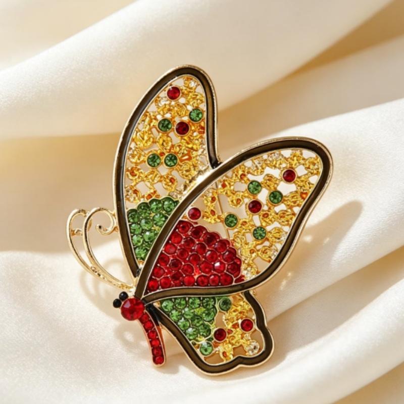 Shiny Rhinestone Butterfly Brooch Gold Plated Frame Red Green Crystals Perfect For Daily Wear Party Outfit