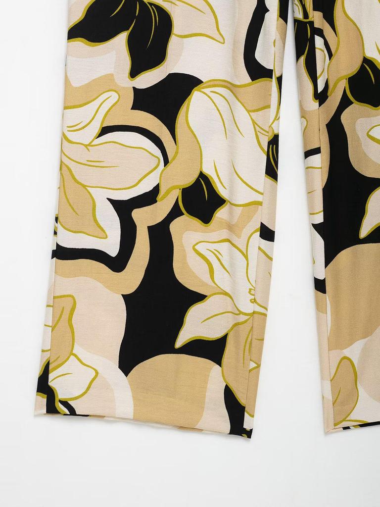 2025 Summer Retro European-American Hawaiian Print Long Sleeve Beach Shirt & Wide Leg Pants Set