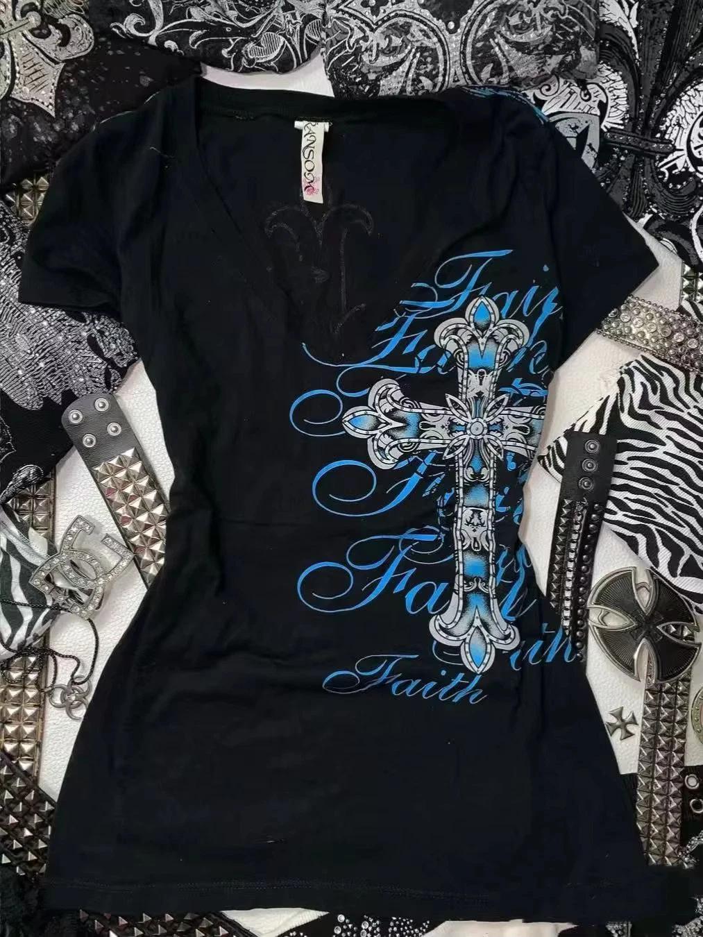 Women Gothic Cross Graphic T Shirt Y2K Faith Streetwear Top 4XL