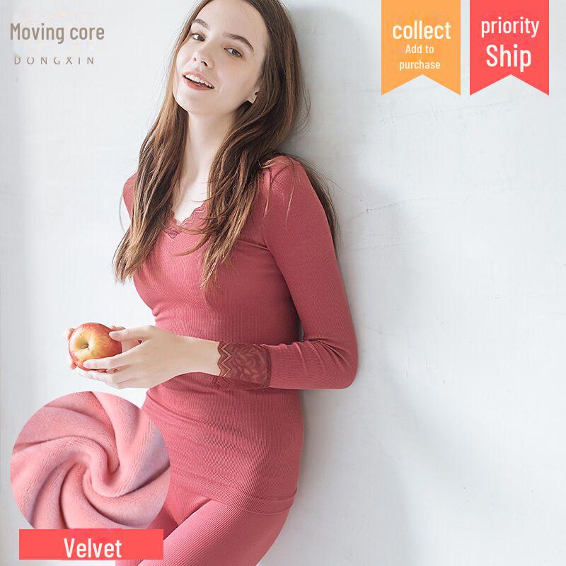 Autumn-Winter Lace Thermal Underwear Set: Seamless, Temperature-Controlled, Plus Velvet Base Sweater & Trousers for Women.