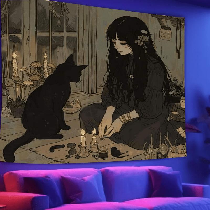 Mystical Witchcraft Tapestry Featuring A Girl With A Black Cat And Candles, Perfect For Adding A Magical And Enchanting 75X75cm