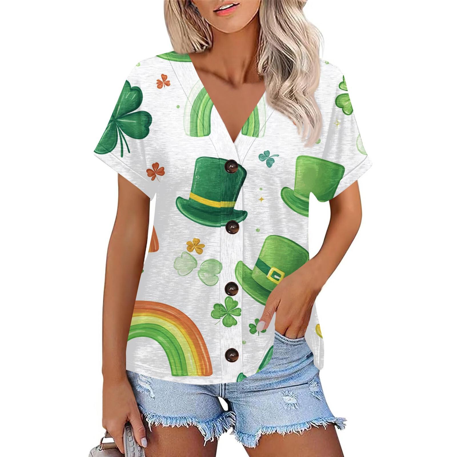 

Женская мода с коротким рукавом и V-образным вырезом St. Футболка с принтом Patrick Top Casual на пуговицах XL