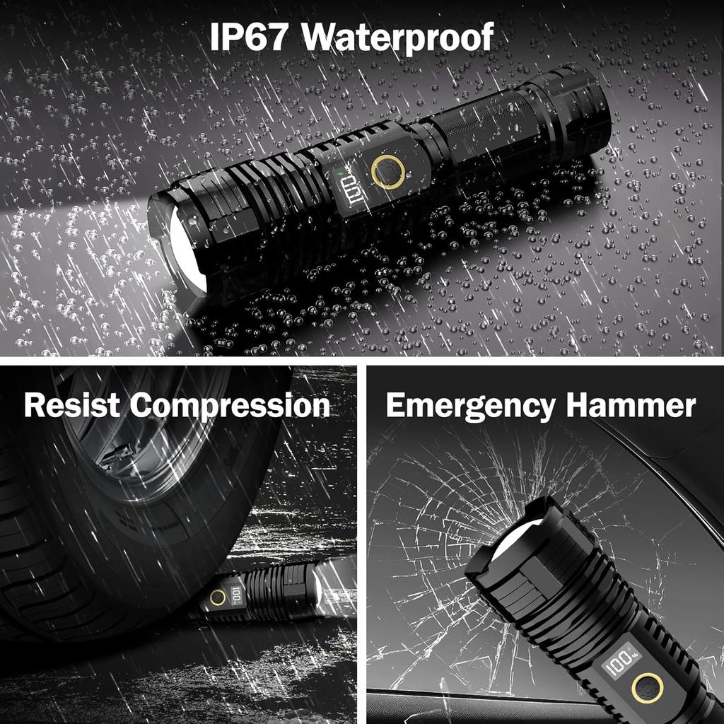 Flashlights High Lumens Rechargeable, LED Super Bright Flash Light Long Beam, Zoomable Linternas with LCD Digital Display, 5 Mode, Waterproof,