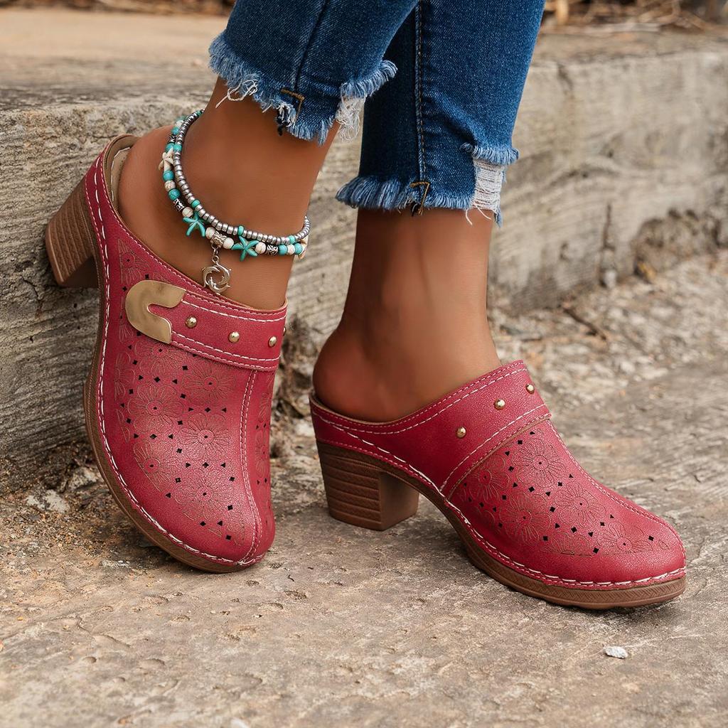 International Chunky Heel Women's Sandals: Plus Size Hollow-Out Studded Pointed Toe, Backless Design.