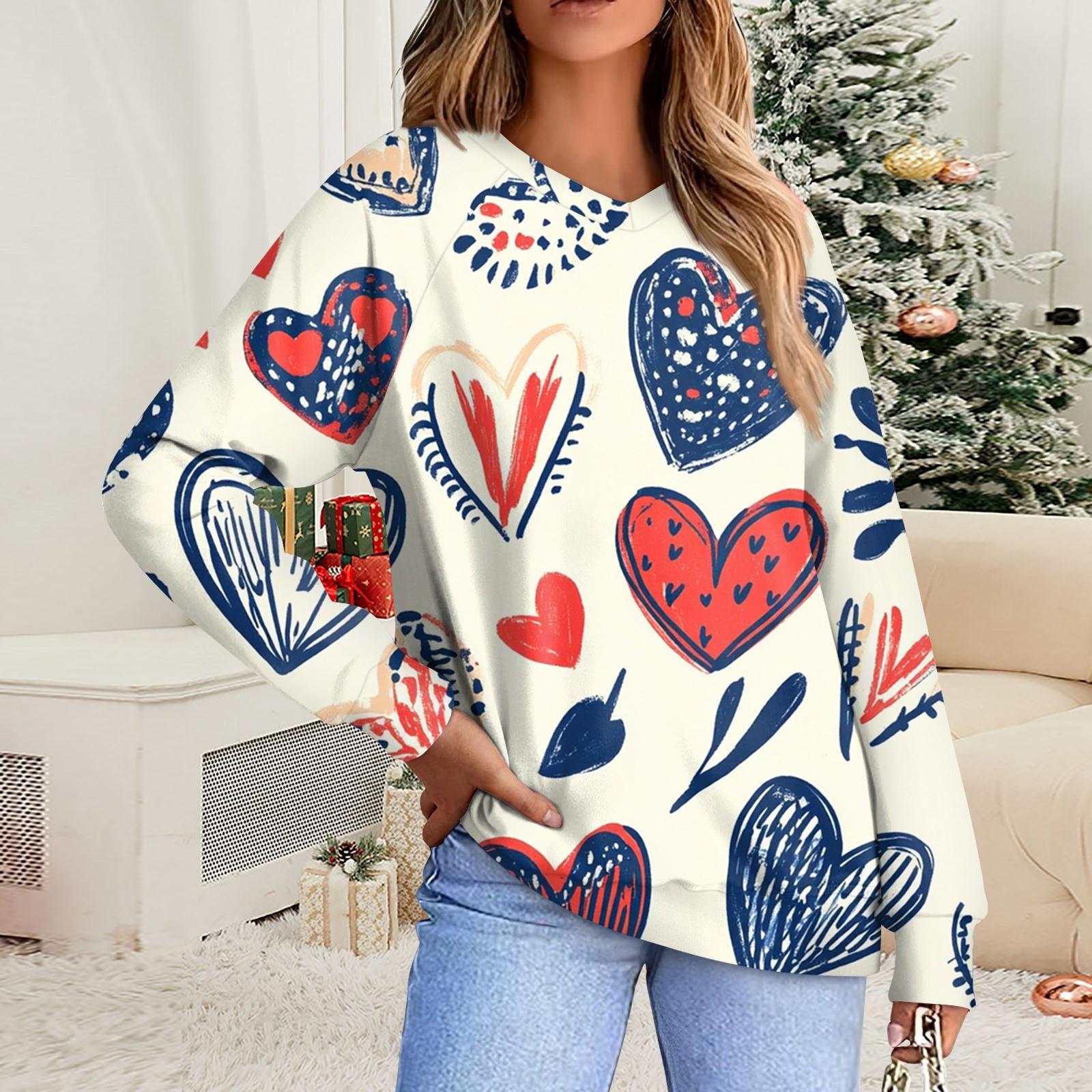 

Женская повседневная мода комфорт с манжетой V-образным вырезом с принтом ко Дню святого Валентина пуловер с капюшоном XL белый